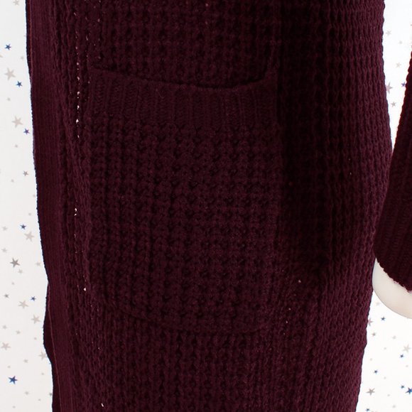 Waffle Knit Duster Long Sweater Cardigan Burgundy - Picture 4 of 7